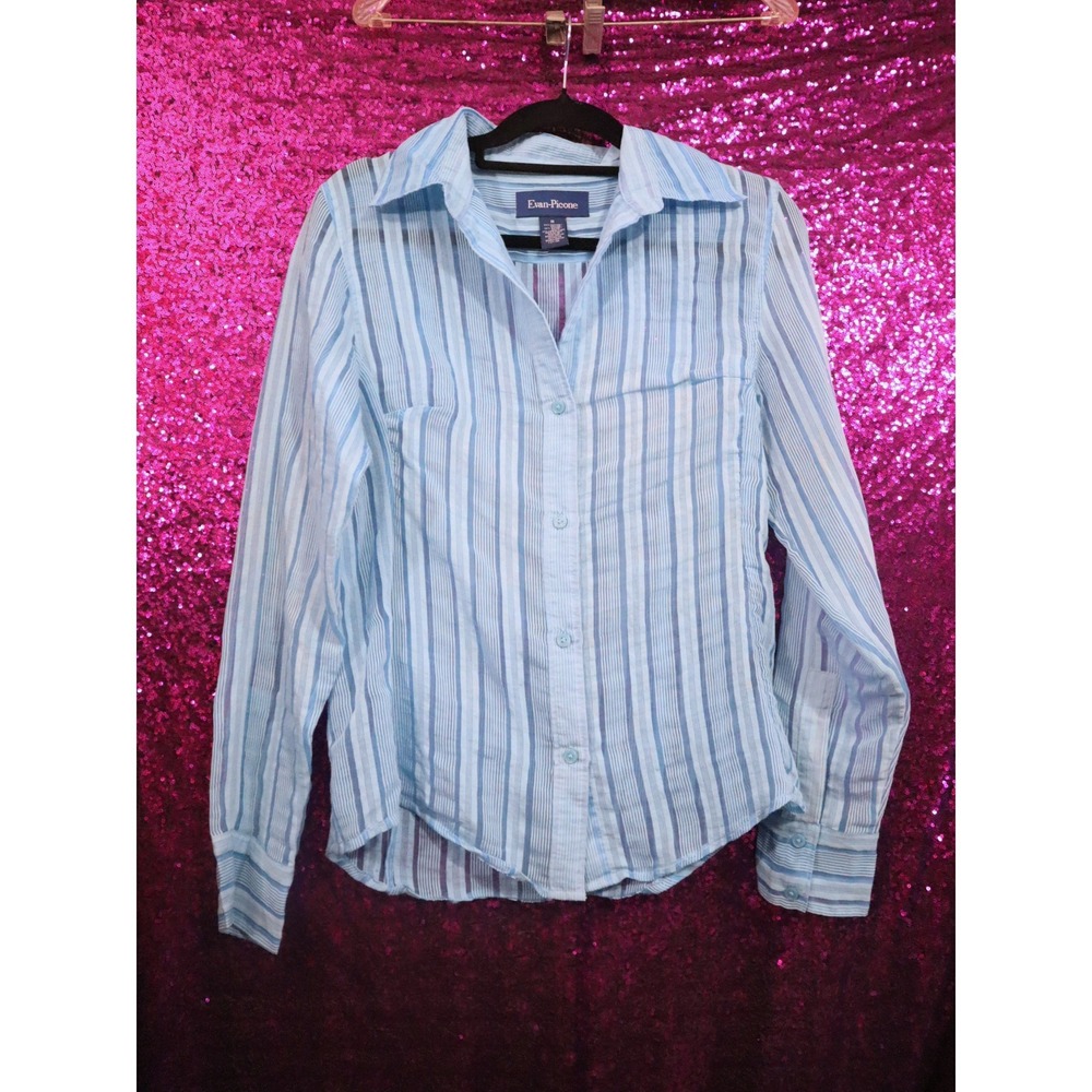 Blue Striped Button Down Shirt M Evan-Picone Women Long Sleeve Textured Blouse